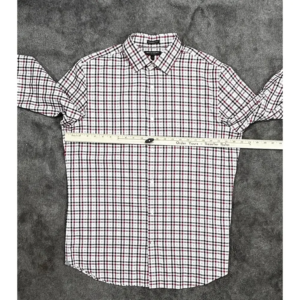 Banana Republic Men L Camden Fit Non-Iron Red Gray Black Herringbone Plaid Shirt